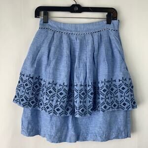 Odille Women's Blue Embroidered Two Tier Print Detail Skirt Size 4